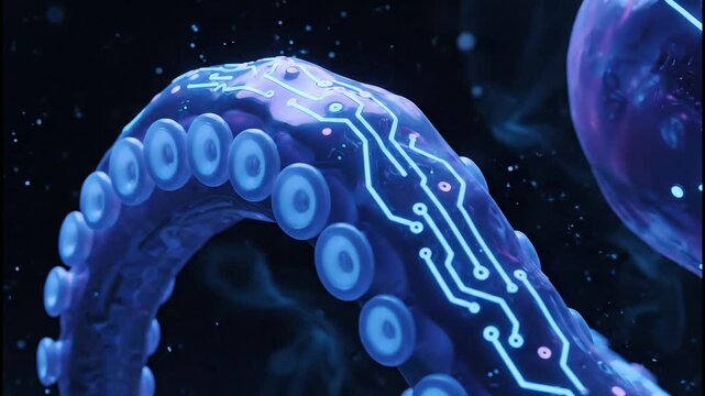 Digital Octopus Tentacle with Glowing Circuits in Dark Space.