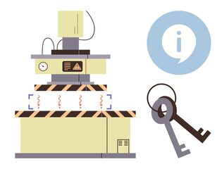 Factory machine with operational panel, caution stripes, and safety signals next to two keys and an information icon. Ideal for safety protocol, industry workflow, caution advice, access, technology