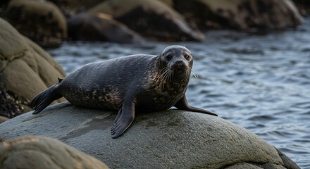 Seal resting on rock by water
