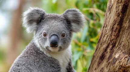 Obraz premium koala sitting on tree trunk close up, eucalyptus forest background, natural light, realistic wildlife style