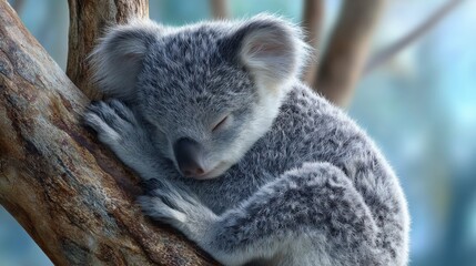 koala sleeping close up, curled on tree branch, soft daylight, peaceful wildlife scene, realistic style