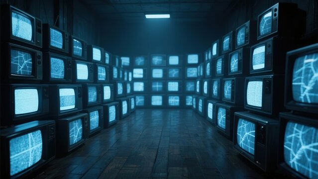 A dark room filled with numerous vintage televisions displaying blue static and network patterns, creating a futuristic and immersive digital atmosphere. - Powered by Adobe