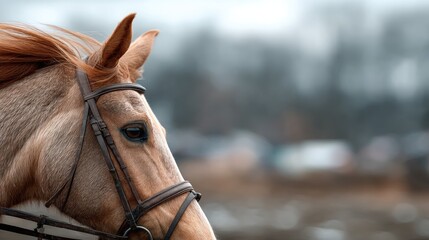 Close up of Brown Horse Head with Leather Bridle in Soft Focus Outdoor Setting with Trees, Equestrian Sport Cinematic Shot