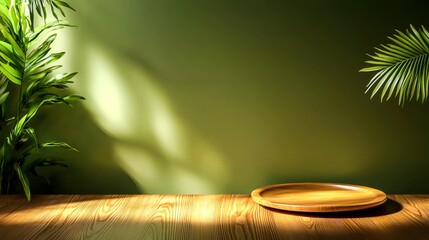 Sunlit Wooden Table with Green Wall and Tropical Plants for Nature-Inspired Decor