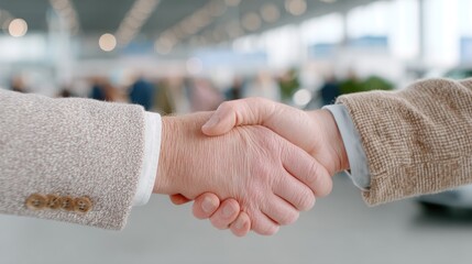 Close Up of Business Handshake in Car Dealership under Soft Lighting, Featuring Tweed Jacket, Professionalism and Collaboration