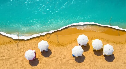 An aerial view of a serene beach with turquoise water gently lapping onto a golden sandy shore, dotted with several closed white beach umbrellas