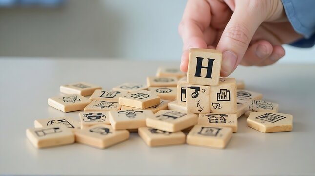 Hand Stacks Wooden Letter H Game Tile on Other Pieces in a Close up Shot