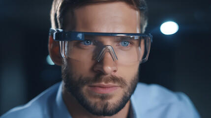 Fototapeta premium Man wearing protective safety glasses in a dimly lit environment, focused expression