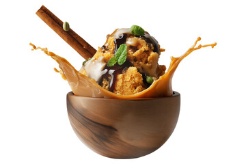 Yellow ice cream with chocolate chips, molasses and mint leaves in wooden bowl, surrounded by splash of caramel, isolated on white transparent background