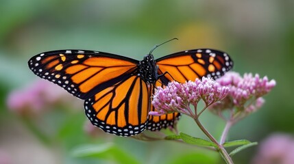 Fototapeta premium monarch butterfly close up, vibrant orange and black wings, perched on flower, realistic macro photography, detailed textures