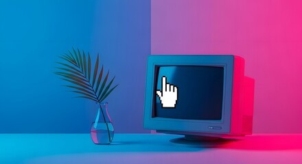A vintage crt computer monitor sits on a surface, bathed in contrasting neon pink and blue light, with a pixelated cursor on its screen and a small plant in a vase nearby