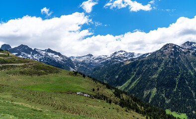 Fototapeta premium a stunning alpine landscape where lush, green slopes ascend to rugged, snow-capped peaks, all under a dynamic sky with billowing clouds