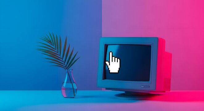 A vintage crt computer monitor sits on a surface, bathed in contrasting neon pink and blue light, with a pixelated cursor on its screen and a small plant in a vase nearby - Powered by Adobe