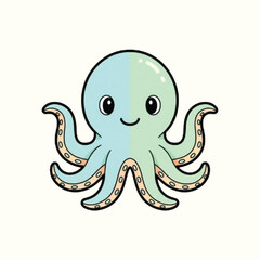 A cute cartoon baby octopus with a big smile is a funny marine animal vector illustration with a fish friend