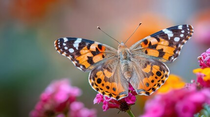 Obraz premium painted lady butterfly close up, orange and white wings, resting on colorful flower, detailed macro photography