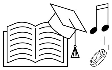 Open book with graduation cap, music notes, and falling coin symbolizing education, creativity, success, and investment. Ideal for study, arts, graduation achievement funding inspiration simple