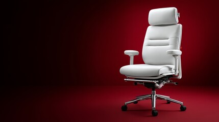 Modern white ergonomic office chair with adjustable arms and high backrest positioned against a bold matte red wall, offering a sleek professional workspace aesthetic with ample copy space on the rig