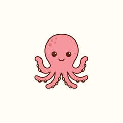 A cute cartoon baby octopus with a big smile is a funny marine animal vector illustration with a fish friend