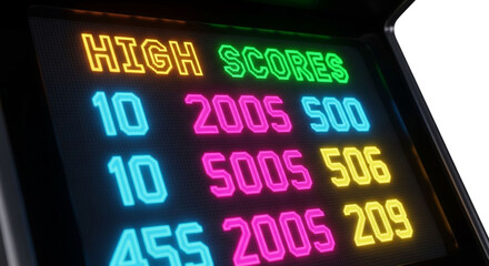 Closeup of a vibrant arcade game high score screen isolated on white background, featuring neon text and a retro gaming aesthetic
