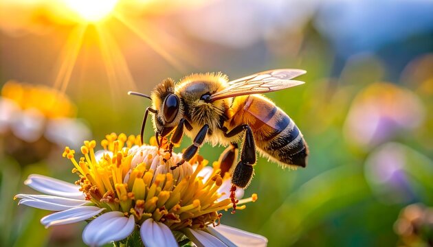 A honeybee gathers pollen from a flower in bright sunlight