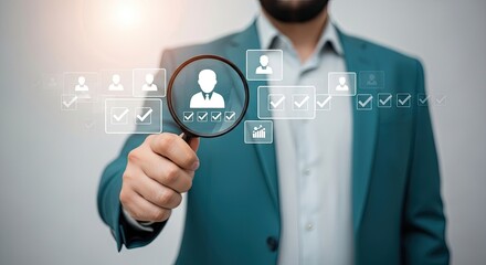 Bearded man in blazer holds magnifying glass over profile icons with checkmarks