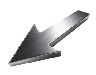 3D Metallic Downward Arrow with Reflective Finish, isolated on transparent background PNG