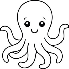 A cute cartoon baby octopus with a big smile is a funny marine animal vector illustration with a fish friend