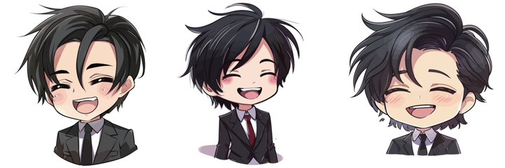 Three cute character sketches show a charming figure with stylish black hair, dressed in formal suits, smiling brightly with joyful expressions, capturing playful energy.