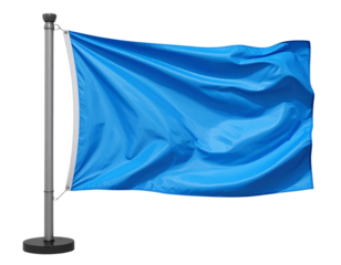 Blank Blue Flag Display on Silver Stand, isolated on transparent background PNG