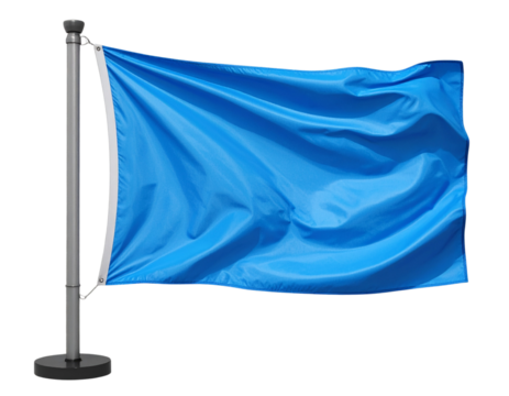 Blank Blue Flag Display on Silver Stand, isolated on transparent background PNG