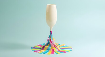 Champagne flute with colorful streamers pouring out of it against a light blue background