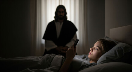 Young woman in bed using smartphone at night, while silhouette of Jesus watches. Concept of modern distractions and spiritual presence.