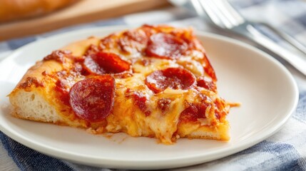 pepperoni pizza slice close up, melted cheese, tomato sauce, simple plate, casual home style presentation