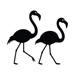 Two black silhouettes of flamingos walking side by side