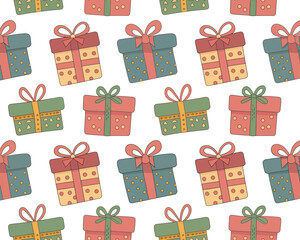 Seamless pattern of colorful gift boxes with ribbons for holidays and celebrations