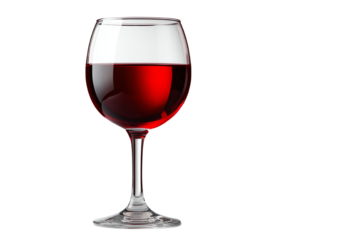 A crystal-clear wine glass filled with rich red wine, sitting elegantly on a white background, showcasing the drink's deep color and reflective surfaces.