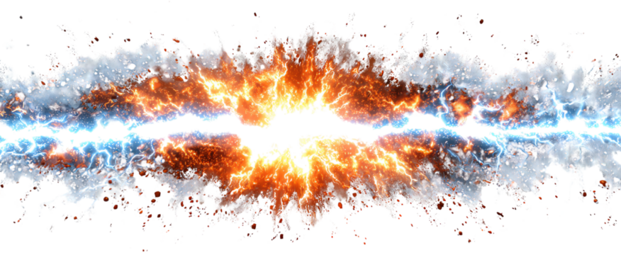 An explosion of vibrant colors and energy, featuring fiery orange, blue, and white tones