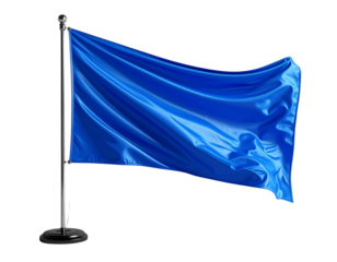 Bright Blue Flag on Silver Pole with Weighted Black Base, isolated on transparent background PNG