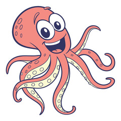 Smiling Octopus Illustration: A friendly blue and orange octopus with a toothy grin and eight tentacles smiles cheerfully at the viewer in this cheerful cartoon illustration.