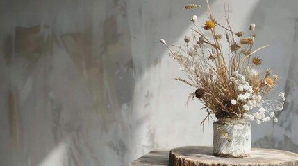 Dry Neutral Dried Flower Arrangement in Rustic Ceramic Vase on Wooden Surface