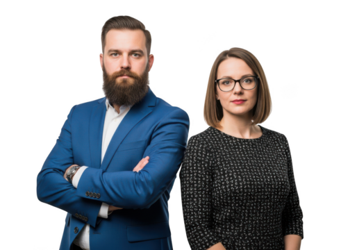 Professional business man and woman posing together with serious expressions isolated on transparent background - Powered by Adobe