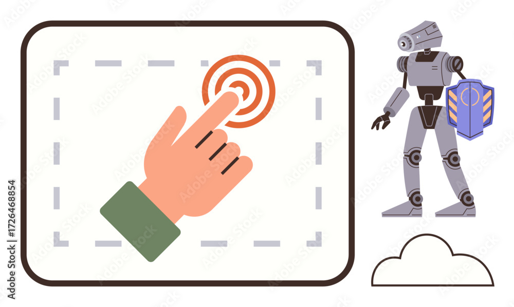 Aufkleber hand pressing circular target button, robot holding shield symbolizing security, and a cloud. ideal 