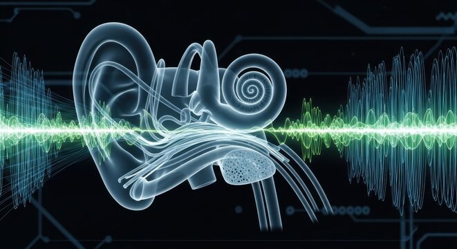 Glowing Human Inner Ear Anatomy with Dynamic Green and Blue Sound Waves