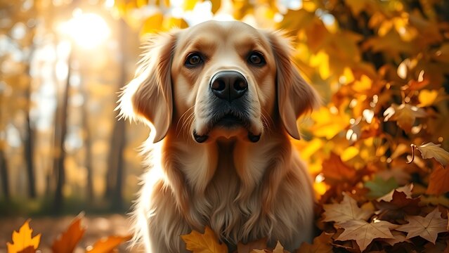 Golden Retriever portrait in autumn leaves with soft sunlight