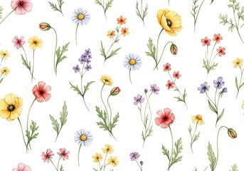 Fototapeta premium Delicate Wildflower Watercolor Pattern with Poppies, Daisies, and Green Leaves