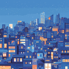 A vibrant city skyline shines brightly under a dark blue night sky filled with stars.