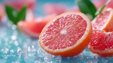 Close Up of Fresh Grapefruit Slices with Ice on Blue Surface with Pink and Green Accents