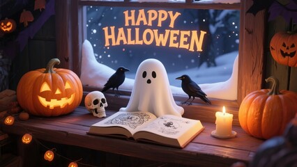 Halloween scene with glowing jack-o'-lanterns, ghost, open book, and candle on a wooden windowsill.