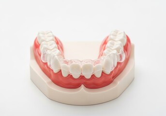 Dental Model with Clear Aligners on White Background Demonstrating Teeth Alignment