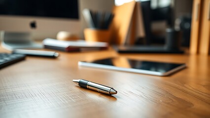 A single pen lying on a wooden desk with blurred background, professional workspace vibe.